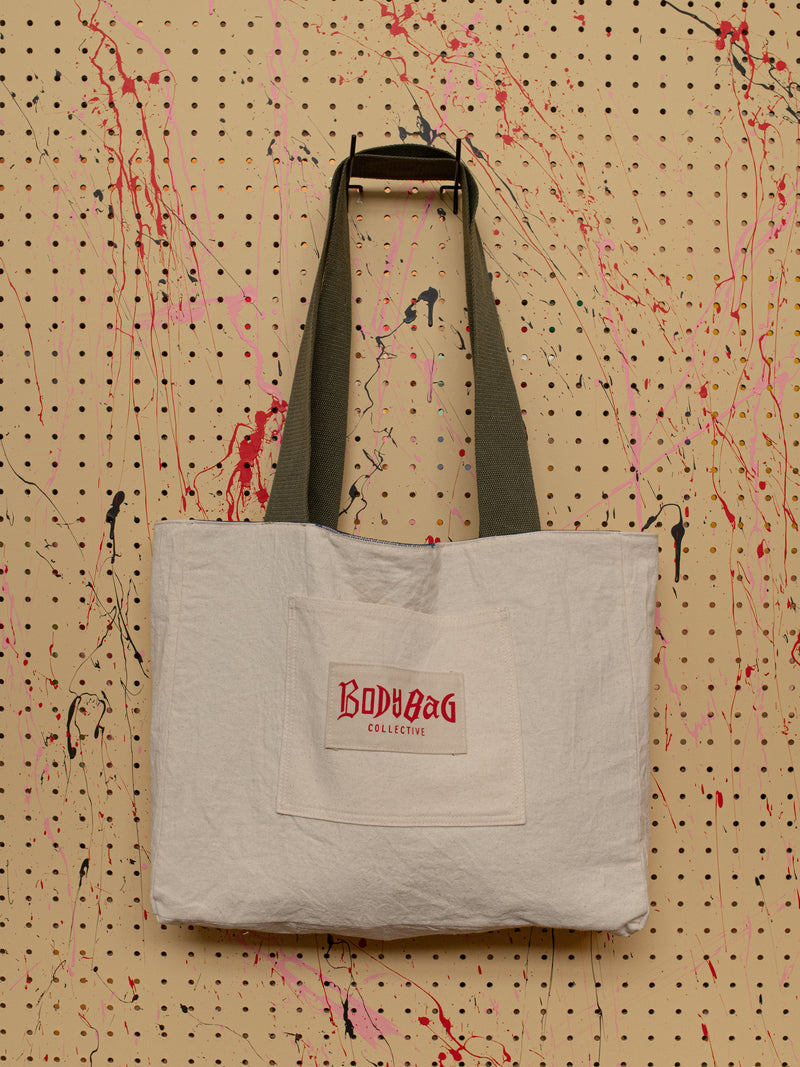 Mid Bag in red and natural canvas — inside small pocket